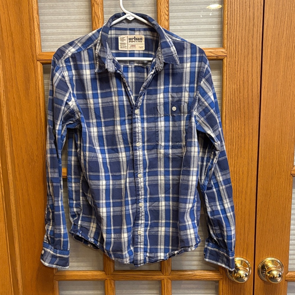 Urban Pipeline Blue and White Plaid Button Down Shirt